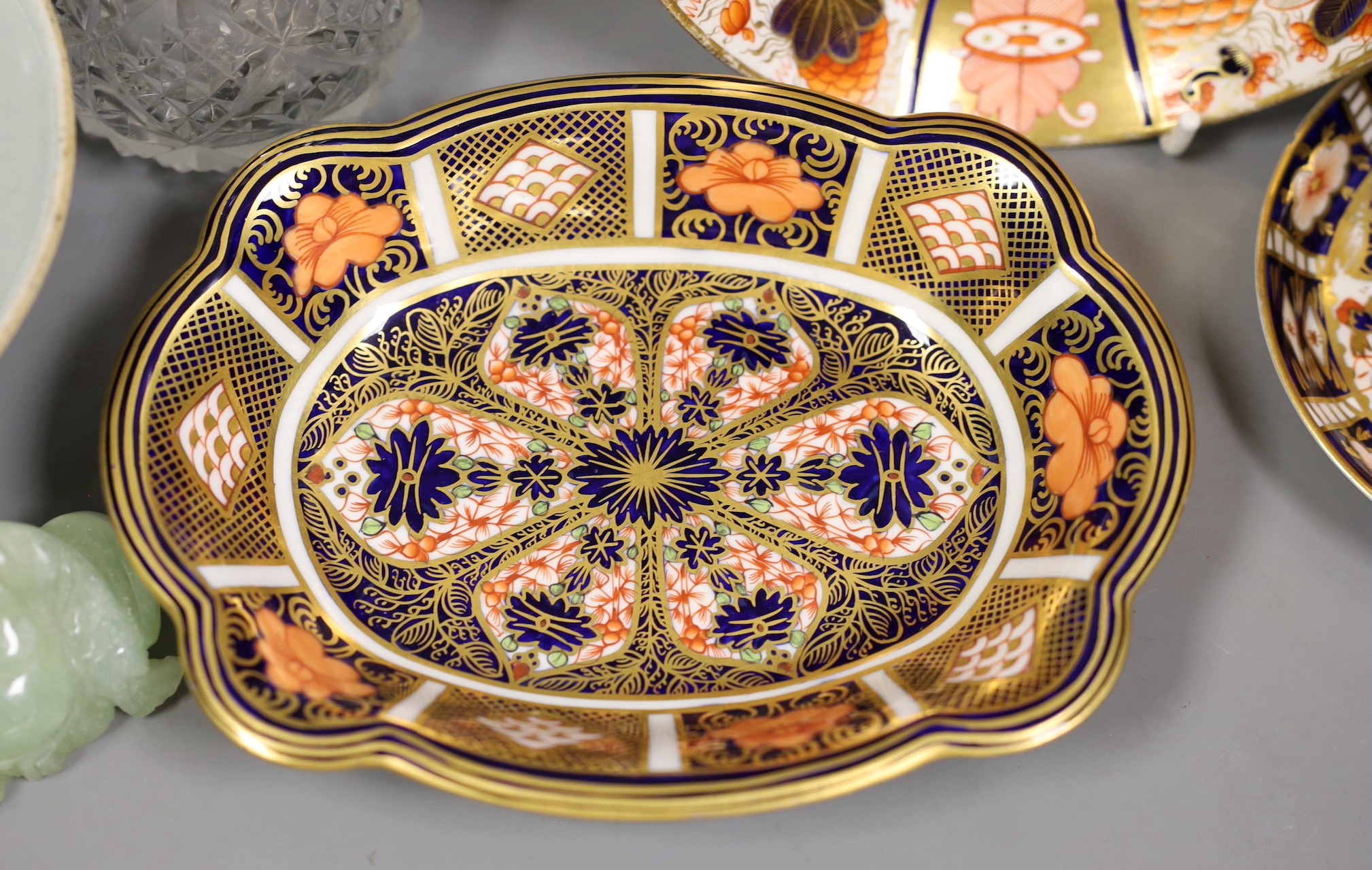 A Chinese bowenite buddha, a Chinese provincial dish, a Derby 1128 dish, a Silver mounted sugar sifter and other miscellaneous items